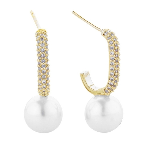 NWT 14K Gold Dipped CZ Stone Paved Glamourous Link Pearl Earrings - Picture 1 of 2